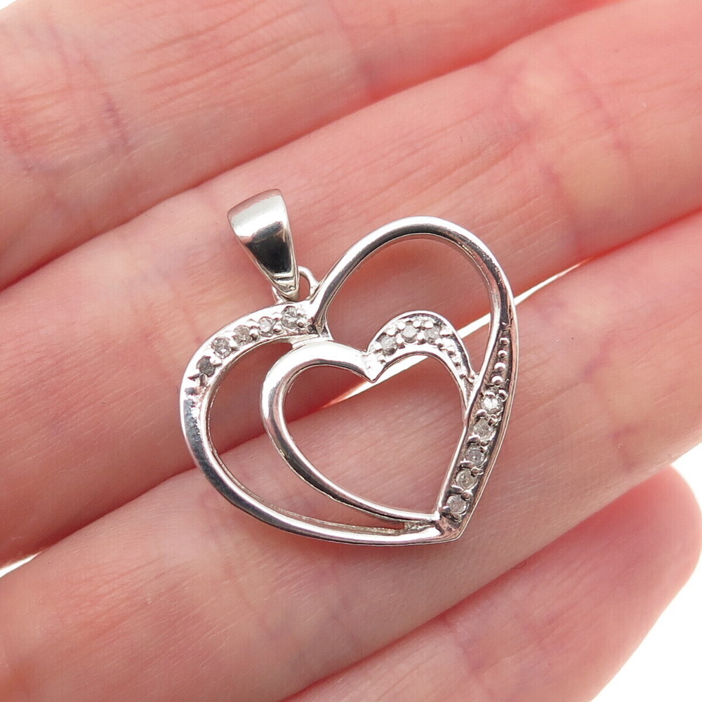 925 Sterling Silver Real Round-Cut Diamond Double Heart Charm Pendant